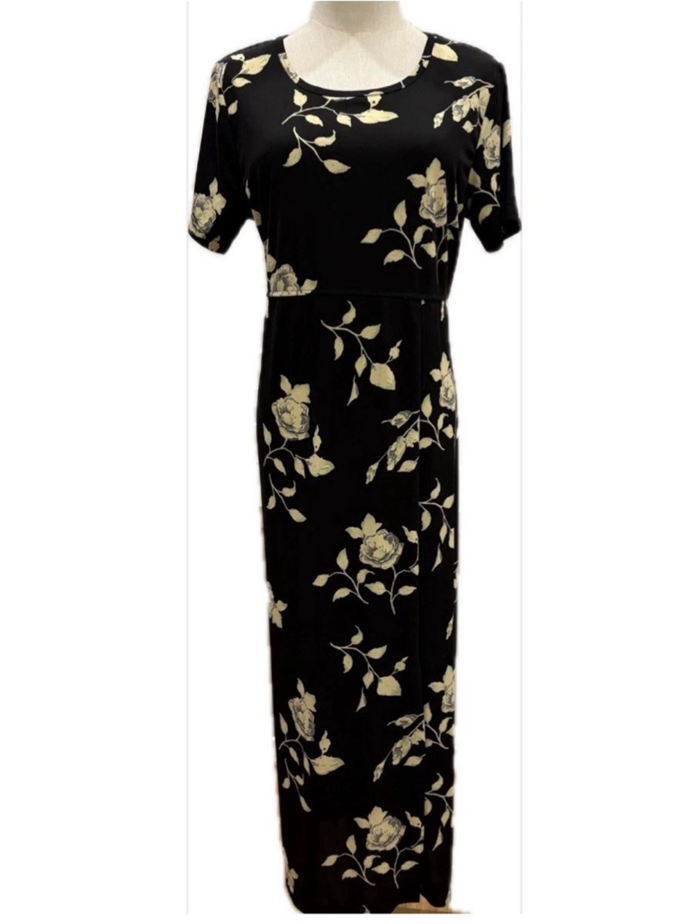 Erika Studio NWOT Black/Cream/Lt Green Short Sleeves Belted Maxi Dress M